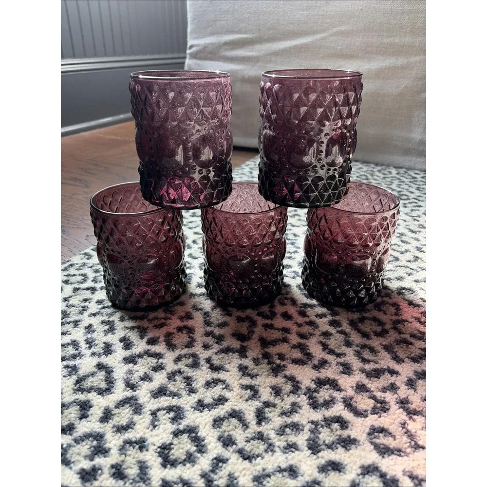 Lot Of 5 Pier 1, Jewel purple glass tumbler Drinking Glass Barware‎
